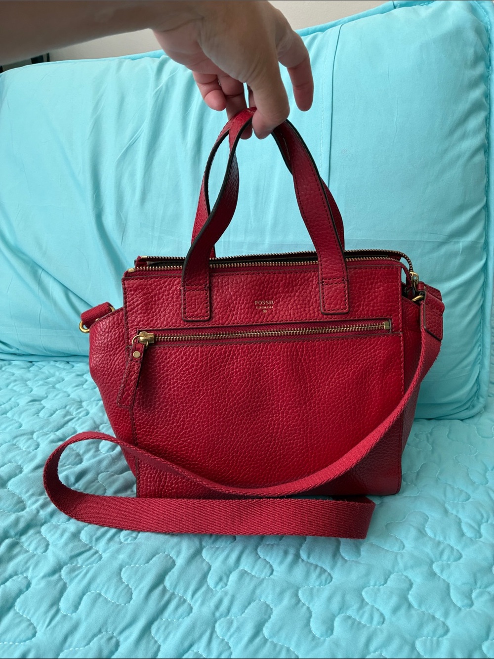 Fossil Red Pebbled Leather Satchel with Adjustable Strap
